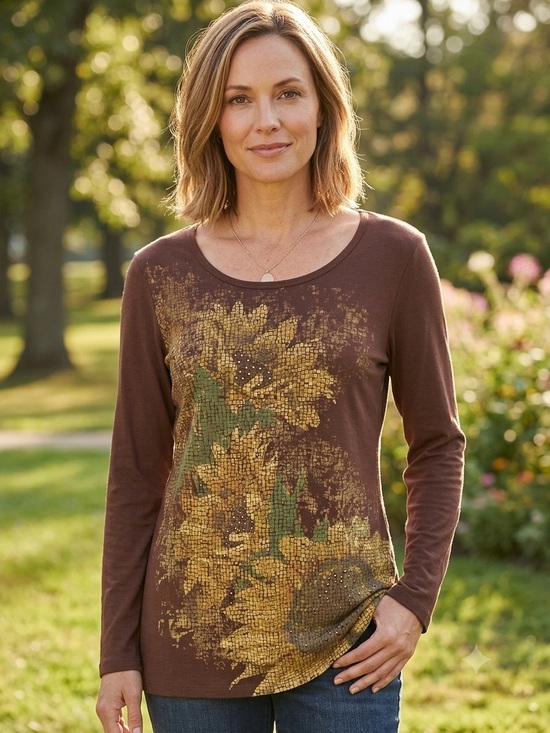 Needy Me Tops - NEEDY ME Long Sleeve Mosaic-style Sunflower & Studded Graphic Top